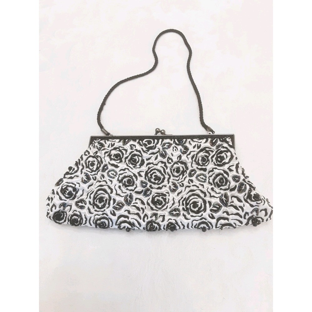 Vtg LANCOME Clutch Shoulder Bag Purse Beaded Sequin Floral Rose Black White